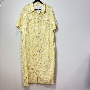 Vtg Linen Blend Midi Shirt Dress 26W Yellow Button Up Floral Lagenlook Country